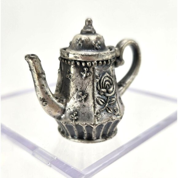 Vintage Pewter Silver Miniature Teapot Figurine With Rose Design Operable je197 - Picture 3 of 7
